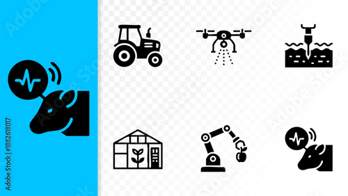 Set of 6 Minimal Smart Agriculture AgriTech Icons Isolated White Background Tractor Drone Sensor