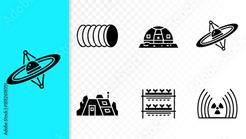Set of 6 Minimal Space Habitation Icons Isolated White Background Lunar Mars Gravity