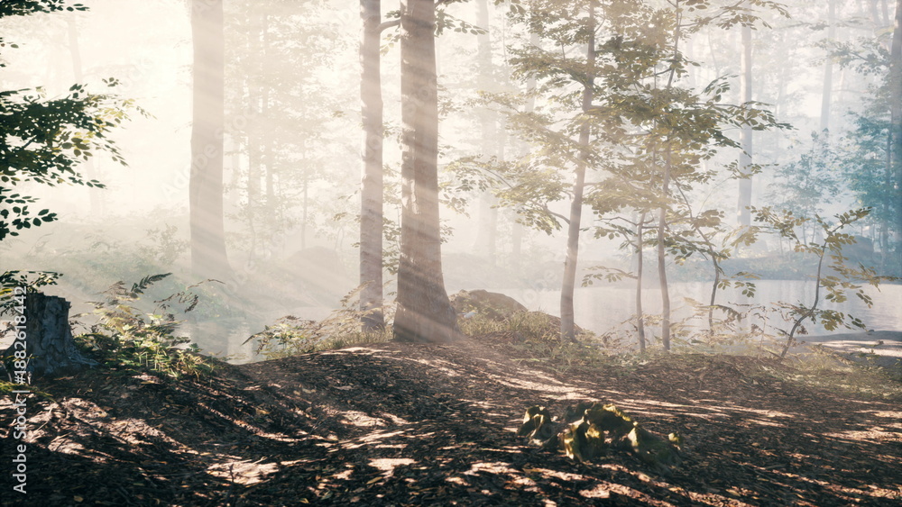 Obraz premium Golden rays of sunlight shine softly through the trees in a tranquil forest. Mist hangs in the air, creating a magical atmosphere beside the calm pond. Nature feels alive and peaceful.