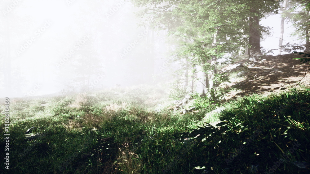 Fototapeta premium Soft sunlight breaks through a thick layer of mist in a lush, green forest. The air is fresh, and foliage glimmers with dew, enhancing the tranquility of this magical moment in nature.