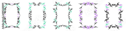 Set of Neo tribal frames Gothic Y2K sharp elements Brutality futuristic vector. Ideal for edgy tattoos, aggressive borders, dark aesthetic, and modern decor.