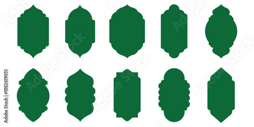 Old islamic window shapes vector set in oriental style. green silhouette eid mubarak decorative arches, mosque borders or moroccan gates. Perfect for Eid, Ramadan, Diwali, and festive invitations.