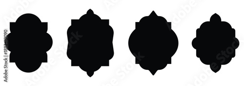 Old mosque windows shape in oriental style. Islamic door set, flat arabic frames or arabian arches silhouette. Muslim architecture geometric design. Collection of black silhouette islamic arch shapes 