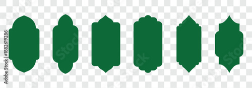 Old islamic window shapes vector set in oriental style. green silhouette eid mubarak decorative arches, mosque borders or moroccan gates. Perfect for Eid, Ramadan, Diwali, and festive invitations.