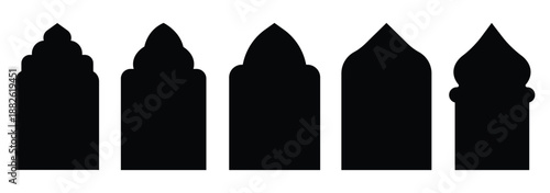 Old mosque windows shape in oriental style. Islamic door set, flat arabic frames or arabian arches silhouette. Muslim architecture geometric design. Collection of black silhouette islamic arch shapes 