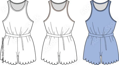 Women romper fashion flat illustration set, sleeveless belted summer jumpsuit design, scalloped hem clothing vector isolated on white background
