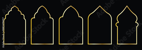 Golden islamic arches and window frames . Arabic golden frames. Luxury islamic geometric windows and doors, oriental mosque architecture.