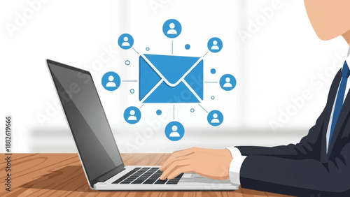 Illustration of a businessman using a laptop with email icons floating above in a modern office setting.