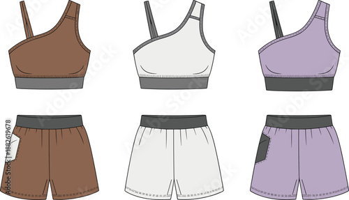 Women activewear technical flat illustration set, sports bra and shorts outfit collection, fashion vector design isolated on white background