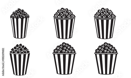 Collection of six black and white vector icons of popcorn buckets with striped patterns, isolated on white.