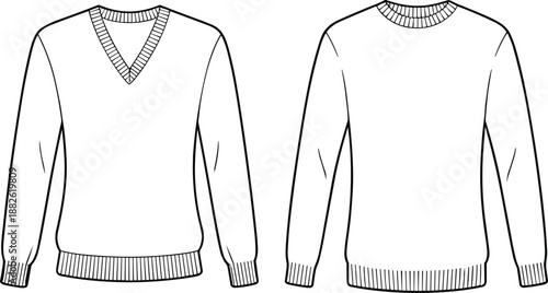Long sleeve sweater technical flat illustration, v neck and crew neck pullover fashion vector design isolated on white background