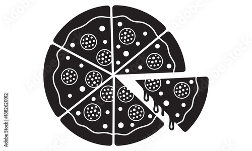Delicious black and white pepperoni pizza with a slice removed, dripping with cheese, isolated on white.