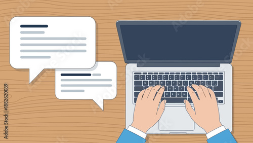 Illustration of hands typing on a laptop with chat bubbles on a wooden desk