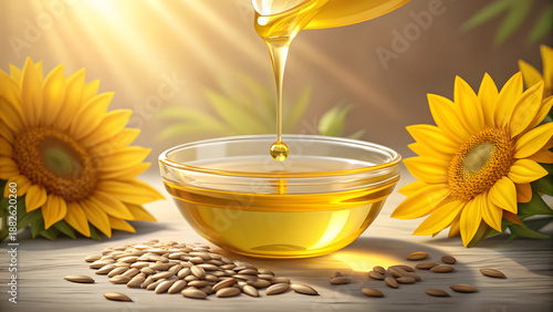 A cinematic close up of golden sunflower oil being poured into a glass bowl with sunflower seeds and flowers