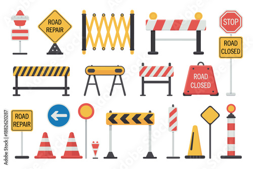 Road Repair Barriers Set, Safety Barricade Warning Symbols for Streets and Stops, Indicating Safe Reconstruction Areas, Traffic Control Measures, and Urban Infrastructure Maintenance Zones.