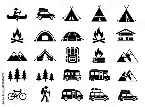Solid icon outdoor adventure set featuring tents, campfires, mountains, and vehicles for recreational travel