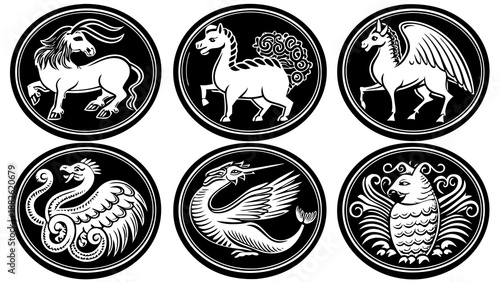 Black and white Easter egg icons vector illustration and minimal outline  set of mythical animals created with generative ai