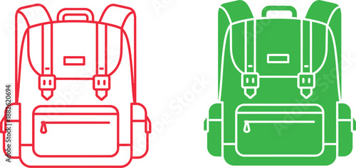 Red and green backpacks with front pockets and shoulder straps outlined in style school bag