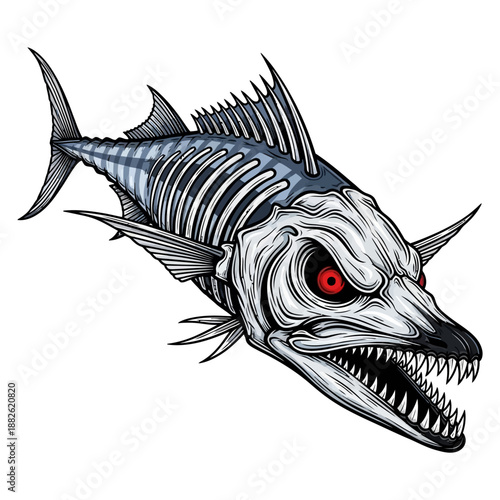 wahoo fish skeleton mascot with red eyes and sharp teeth for fishing team or brand logo