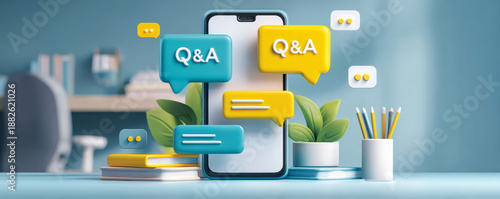 Q&A chat bubble smartphone communication concept, digital support service, modern mobile interface with speech balloon icon and plant decoration