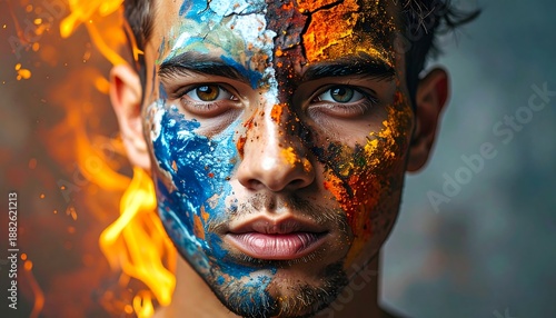 A man's face painted with vibrant colors and flames
