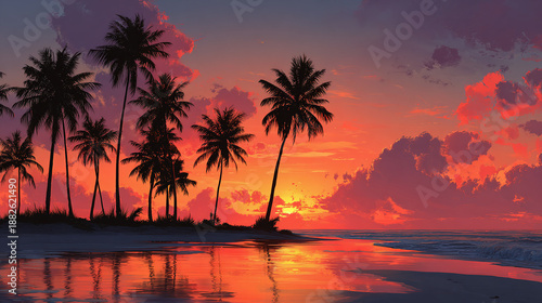 Tropical sunset with palm trees silhouetted against a vibrant sky, casting a warm glow on the tranquil beach