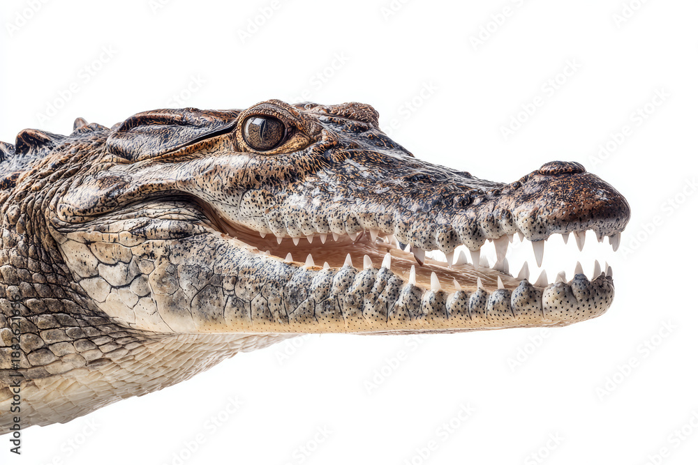 Fototapeta premium Crocodile head profile, animal reptile predator, open mouth tooth, dangerous wildlife, isolated white background, studio macro detail