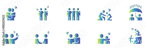 Icon set showing teamwork, collaboration, and cooperation with human figures in social interaction, discussing, supporting, and planning for connectivity and progress in UX design