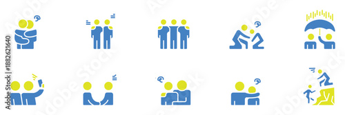 A collection of blue and yellow flat icons illustrating concepts of social support, financial aid, community, partnership, protection, and mutual assistance among people.