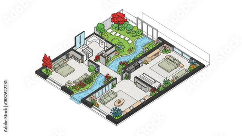 High-quality black continuous line art of an isometric green home floor plan with indoor-outdoor spatial continuity, colorful garden and water path, sustainable architecture illustration