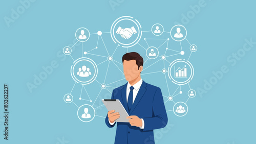 Illustration of a businessman in blue suit holding a tablet with social network icons floating around him on a light blue background.