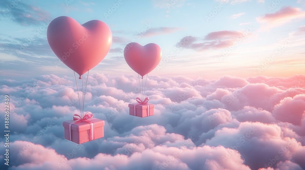 Fototapeta premium A Box flying on a parachute with pink cloud in valentine day,package flying down from sky and cloud with parachute, concept for delivery service,shopping online,air delivery service.