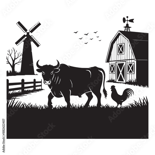 Black silhouette of a bull walking in a farmyard with a barn and windmill rooster