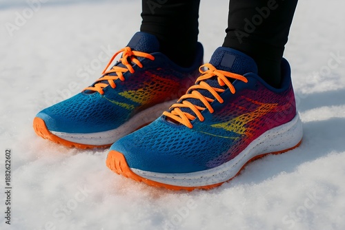 Vibrant Running Shoes on Fresh Snow Winter Fitness Outdoor Activity Concept