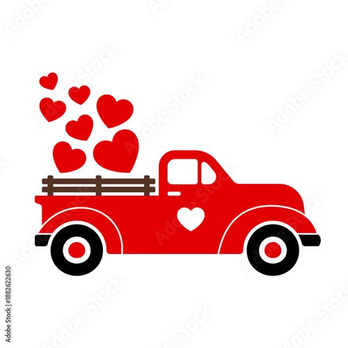 Flat Style Red Pickup Truck Carrying Red Hearts