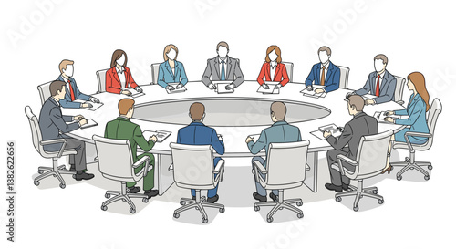 Large group of business people sitting around oval conference table, corporate boardroom meeting, team discussion, sketch style vector illustration