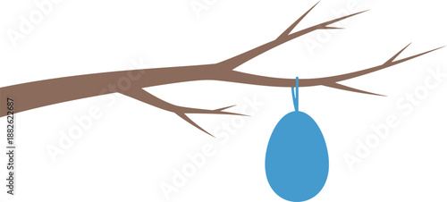 Simple illustration of a blue egg hanging from a tree branch.