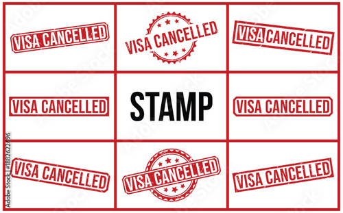 Red visa cancelled stamps on white background with central stamp text