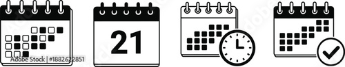 Set of calendar icons with clock and checkmark, time management symbols, black outline style, cad drawing flat vector illustration