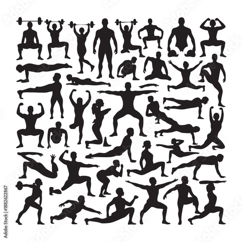 Black silhouettes of people performing various exercises and weightlifting fitness workout