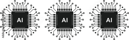 Set of solid black artificial intelligence chip icons, digital processor symbols with circuit lines, technology silhouette, cad drawing flat vector illustration