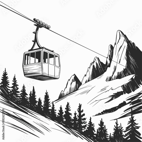 Mountain Cable Car Illustration – Hand‑Drawn Alpine Landscape Sketch