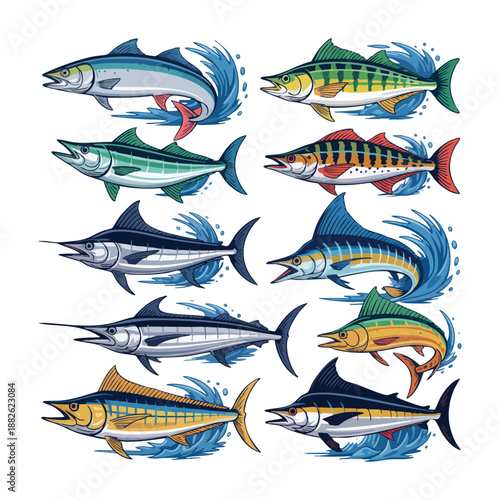 Collection of eight colorful fish leaping through blue water splashes marlin tuna mackerel