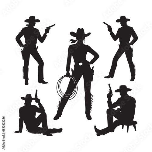 Cowboy and cowgirl silhouettes with guns and lasso on white background cowboy silhouette