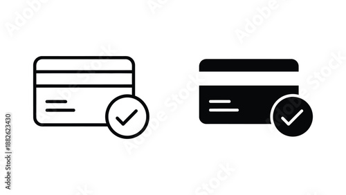 Verified credit card payment approval icons in line and solid black styles