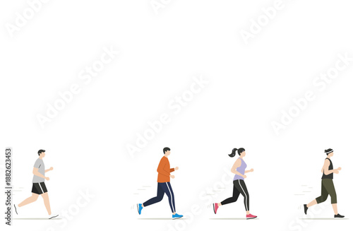 ジョギングやマラソンで健康的に走る人々のグループとトレーニングのフラットデザインイラスト