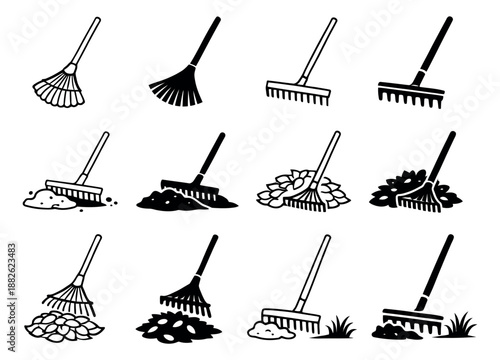 Outline and solid rake icon set featuring leaf and garden rakes with piles of leaves and soil for gardening and yard work designs