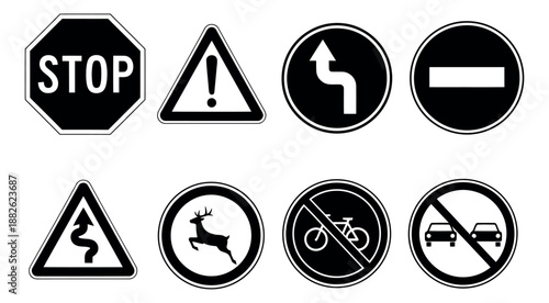 Clean graphic traffic sign set featuring various road regulations and warnings for road safety and navigation