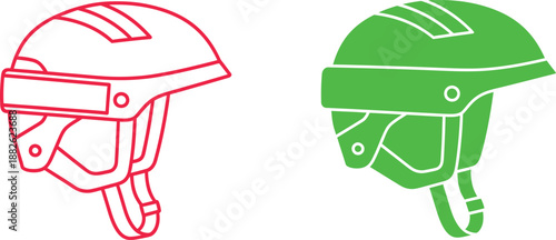 Red and green protective helmets with visors and chin straps safety helmet red helmet