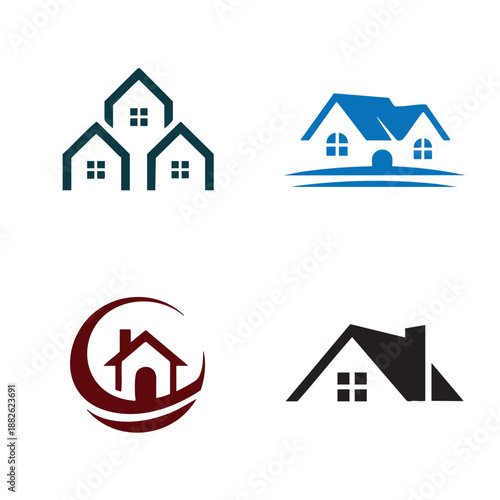 Four stylized house in teal blue maroon and black emblem badge sign